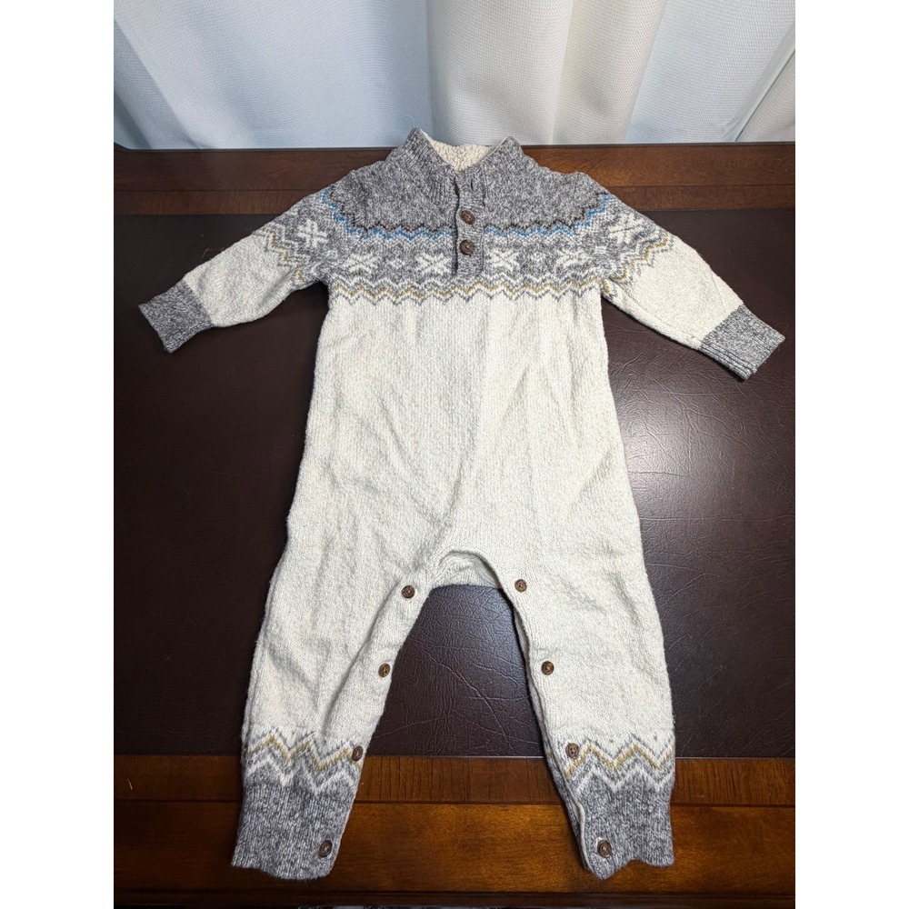 Baby Gap Fair Isle Knit Sweater Romper Grey Cream Sherpa Collar 12-18 Months